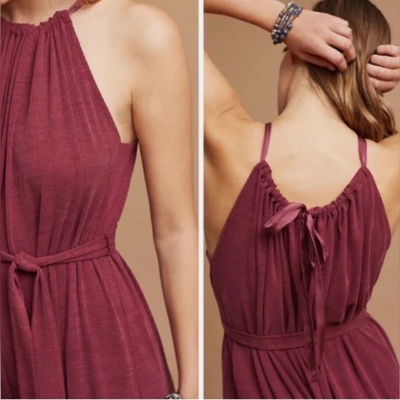 ANTHROPOLOGIE HD IN PARIS RIBBED RASPBERRY CROPPED JUMPSUIT W RIBBON TIE SZ M - Picture 5 of 10